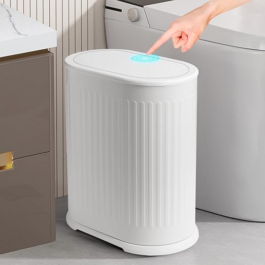 Anzoymx Bathroom Trash Cans White Stainless Steel Small Garbage Can with Pop up Lid 1.8 Gallons Dog Proof Narrow Wastebasket Slim Litter Trash Bins for Bedroom Toilet Office