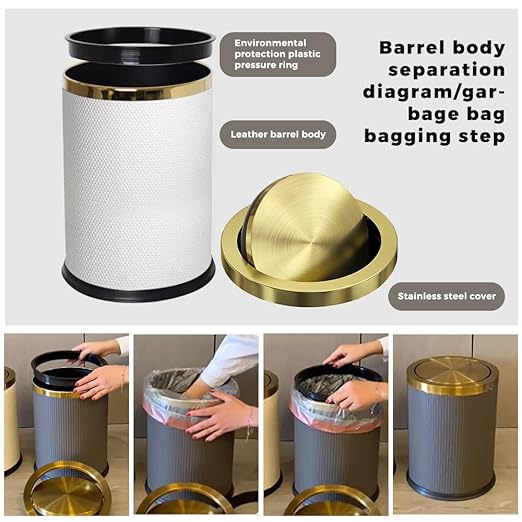 9L/2.3GALModern White Trash Can with Flip LidFancy Gold Waste Paper Baskets for BathroomsGold Trash Can for BathroomBedroom Powder RoomOfficeLaundry Room (9L-White)