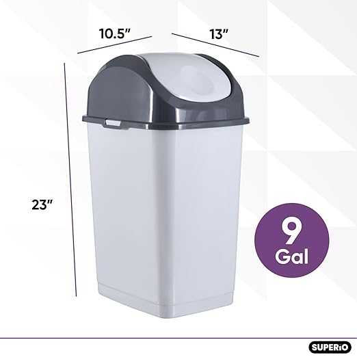 Superio Kitchen Trash Can with Swing Top Lid 9 Gallon Slim Waste Bin 37 Qt Sturdy Plastic Garbage Can Medium Recycling Bin for Office Bathroom Under Counter Dorm Bedroom (Smoke White/Grey)