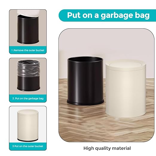 2.6 Gallon/10L Metal Trash Can with Swing Lid Double BucketRound Waste BasketBlackModernElegant Garbage canfor BathroomLiving RoomKitchenOfficeHomeBedroom(12L-White)