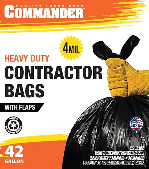 Commander 42 Gallon 4 MIL Black Heavy Duty Trash Bags - 33'' x 45'' - Pack of 32 - for Home Kitchen Lawn Outdoor Construction &amp Contractor'