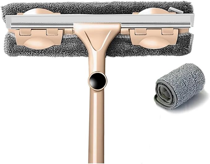 Telescopic Rod Glass Cleaning Mop – Long Handle Window Wiper &amp Washer Tool with Brush Head for Household Use(Khaki 1 mop 2 Cloth)