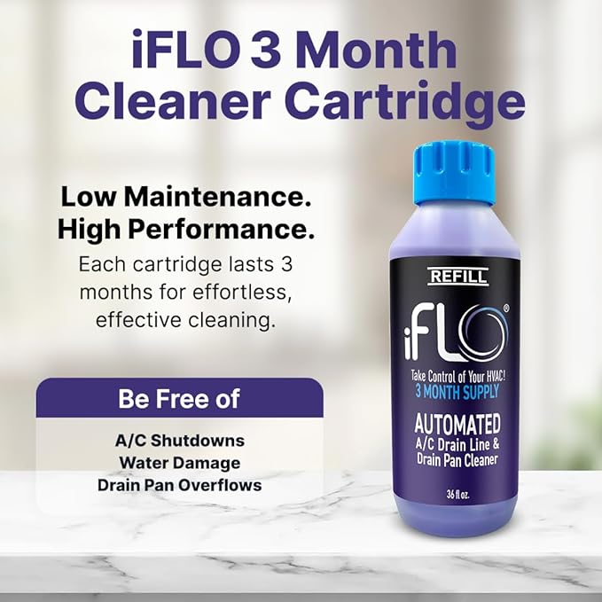 iFLO® Smart A/C Drain Line Cleaner and Drain Pan Cleaner Cartridge Fast-Acting Long-Lasting HVAC System Solution for Tough Clogs &amp Buildup 3-Month Supply per Bottle 3 Pack of 36oz