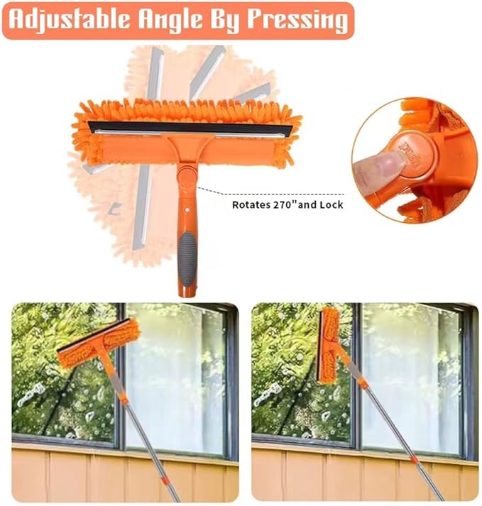 Window Squeegee Cleaner Kit - 2-in-1 Rotatable Window Cleaning Tool with Extension Pole Professional Streak-Free Squeegee with Bendable Head for Indoor/Outdoor Windows &amp Car Glass (Orange 38.45F