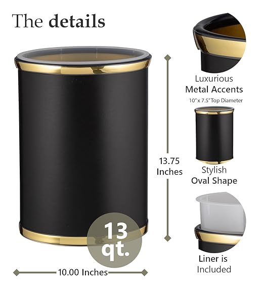 Kraftware Sophisticates Oval Wastebasket with Plastic Liner Adding Classic Style to The Bathroom and All Other Rooms in The Home or Office 13 Quart Capacity Black with Gold Trim