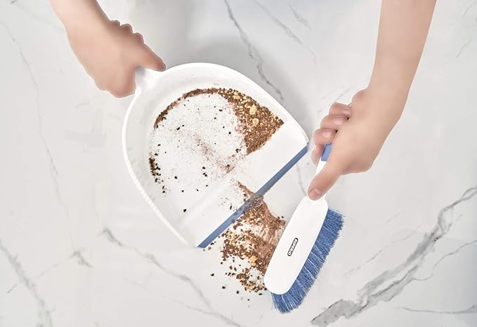 Dustpan and Brush Set Hand Broom with Ergonomic Grip Handle - Rubber Edge for Easy Dirt Pickup Durable Material - Grey &amp Blue Hand Brush by Superio 2-Pack (Blue 2-Pack)