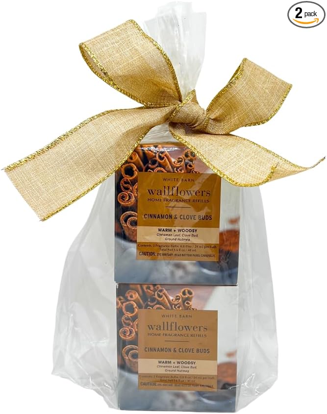 Bath &amp Body Works CINNAMON &amp CLOVE BUDS Wallflowers Refills 4-Pack Gift Set with 30-Inch Champagne Gold Ribbon Bow for Holidays – 0.8 fl oz Each