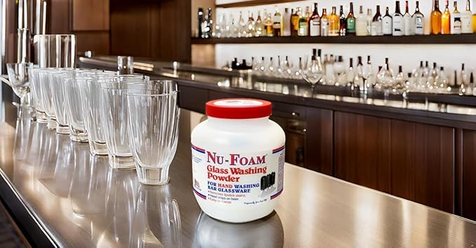 Nu-Foam Glass Washing Powder - Detergent for Bar Glassware – Original Streak-Free Solution - Hand Washing Bar Tavern Brewery Supplies - Spotless Serving Glasses - Easy On Hands - 4 Lb Jar