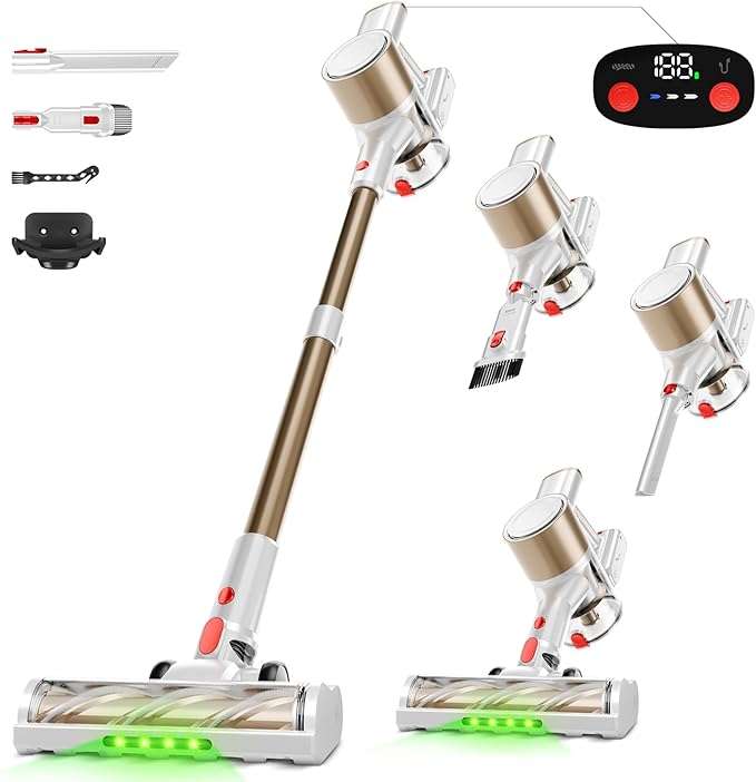 KIKETECH Cordless Vacuum Cleaner(Wide/Long Flat Brush Cleaning Brush Wall Mount) Stick Vacuum Cleaners for Home Handheld Vacuum Cleaners for Home for Pet Hair/Carpet/Floor (Gold)