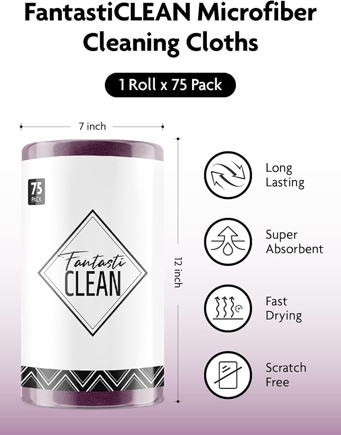 Fantasticlean Microfiber Cleaning Cloth Roll -75 Pack Tear Away Microfiber Towels 12 x 12 Reusable Washable Scratch Free Ultra Absorbent for All-Around Cleaning Supplies (Dark Purple)