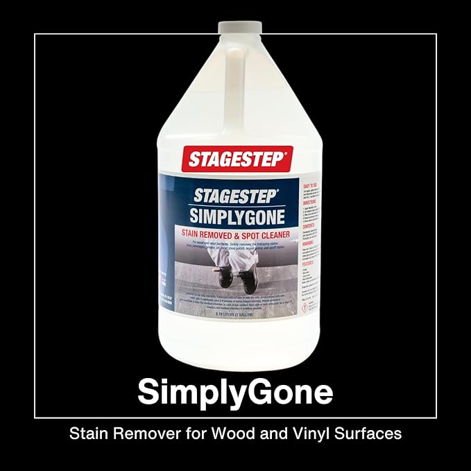 Simply Gone Stain Remover for Wood and Vinyl Surfaces Easy to Apply Removes Stubborn marks of beverages grease oil most shoe polish 1 Gallon