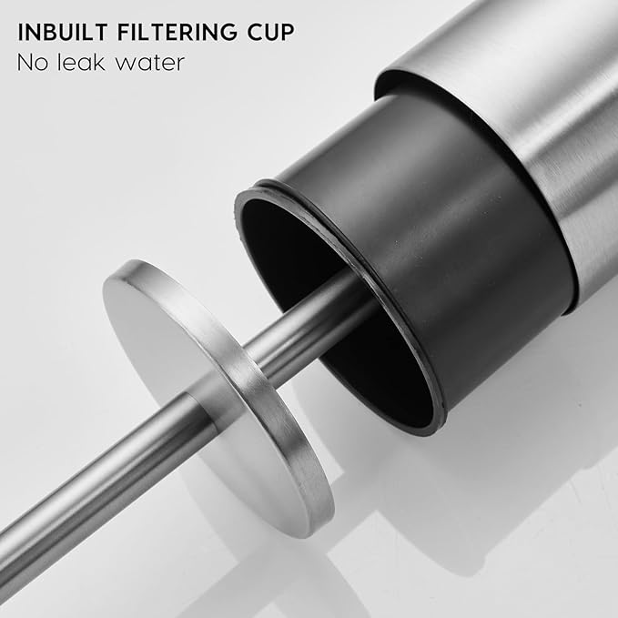 Brushed Stainless Steel Toilet Brush and Cover No-Punch Hook Base Dual Purpose Toilet Brush Holder with Removable Inner Bucket and Splash Cover - Soft Bristles (Brushed)
