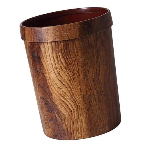 Vintage Woodgraining Container Plastic Trash Can with Pressure Ring for Living Bedroom Classic Solid Wood Pattern Bin Material Waste Basket