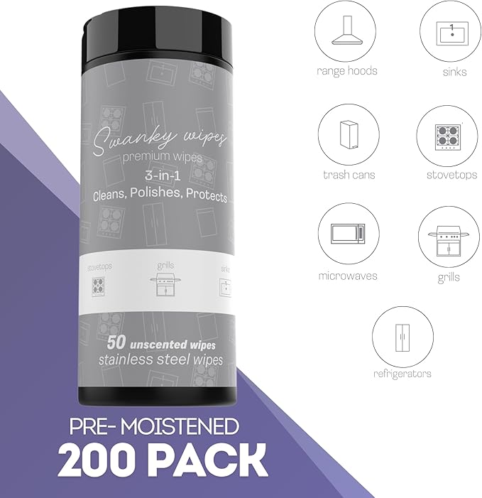 Swanky Stainless Steel Cleaner Wipes - Grime &amp Grease Remover Kitchen Cleaning Supplies - Clean &amp Shine For Stove Top Refrigerator Sink Oven &amp Household Appliances - Canister 200 Cou
