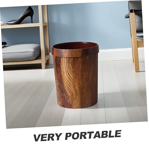 Vintage Woodgraining Container Plastic Trash Can with Pressure Ring for Living Bedroom Classic Solid Wood Pattern Bin Material Waste Basket