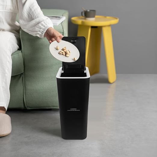 Alipis Slim Trash Can 10L Plastic Trash Can with Press Top Lid Modern Waste Basket Rubbish Bin Container for Home Office Bathroom Black