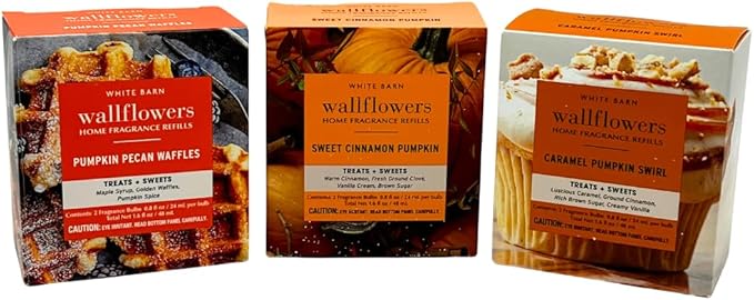 Bath &amp Body Works Wallflowers Refills FALL PUMPKIN Collection 3-Fragrance Bundle with 40-Inch Autumn Plaid Ribbon Bow – Pumpkin Pecan Sweet Cinnamon &amp Caramel Swirl (2-Pack Each)