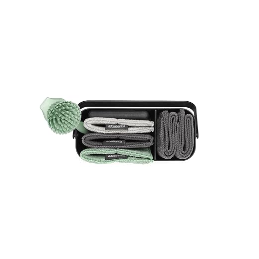 Brabantia SinkSide Cleaning Set of 8 - Dark Gray | Cleaning Caddy with Handle Microfiber Pads Cloths Dish Brush Squeegee | Complete Sink Tidy Solution | Kitchen Sink Organizer