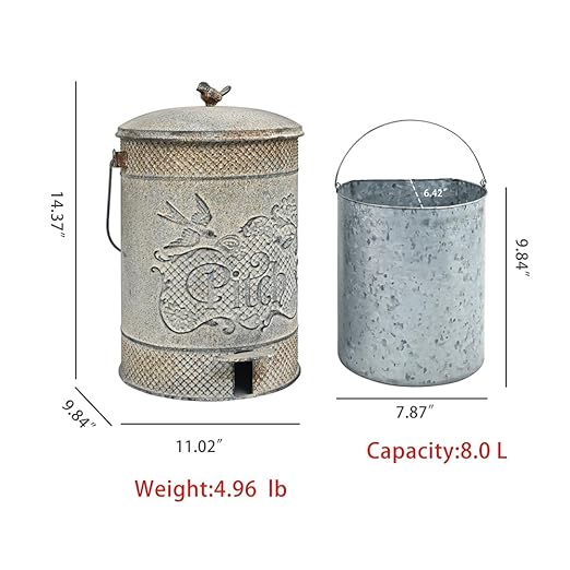 Farmhouse Garbage Can with Lid Indoor Outdoor Trash Can with Embossed Bird and Flowers PatternMetal Retro Kitchen Trash Can with Lid for Kitchen Room and Garden Decor (Grey)
