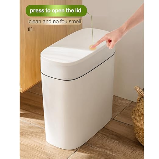 14 Litre Trash Can with Press Top Lid 3.7 Gallons Plastic Garbage Bin Slim Wastebasket for Bathroom Kitchen Toilet Office Room Bedroom White lid Without Brush