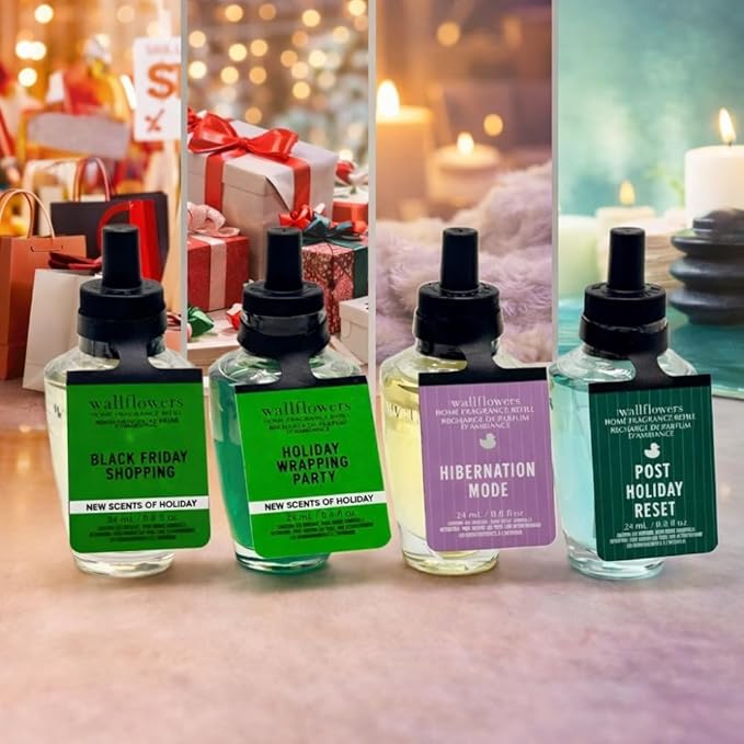 Bath &amp Body Works Winter Holiday Vibes Collection Wallflowers Refill – BLACK SHOPPING FRIDAY HOLIDAY WRAPPING PARTY POST HOLIDAY RESET and HIBERNATION MODE 4-piece Gift Set – 0.8 fl oz each