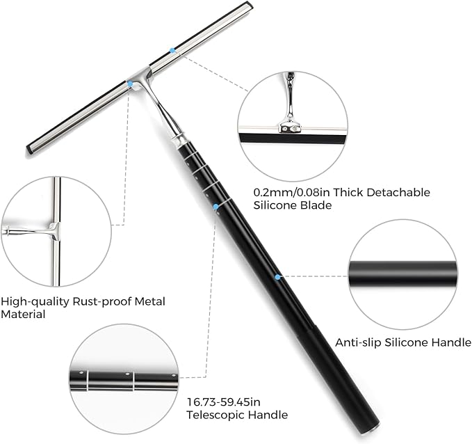 16.7“- 59.5 Long Handle Window Squeegee with Extension Pole 12.4 Wide Metal Shower Squeegee for Glass Doors 2-in-1 Squeegee for Home Window Cleaning Tile Wall Car (Silver)