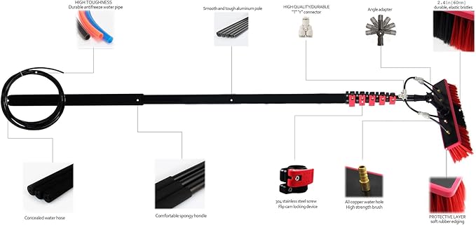 Window Cleaning Pole Photovoltaic Panel Cleaning Tool Multi-Purpose Water Spray Brush Extendable Cleaner for Trucks Windows Washing 3.6-10.8M Tool 5M Rod 30 Brush Head/10.8M/36Ft