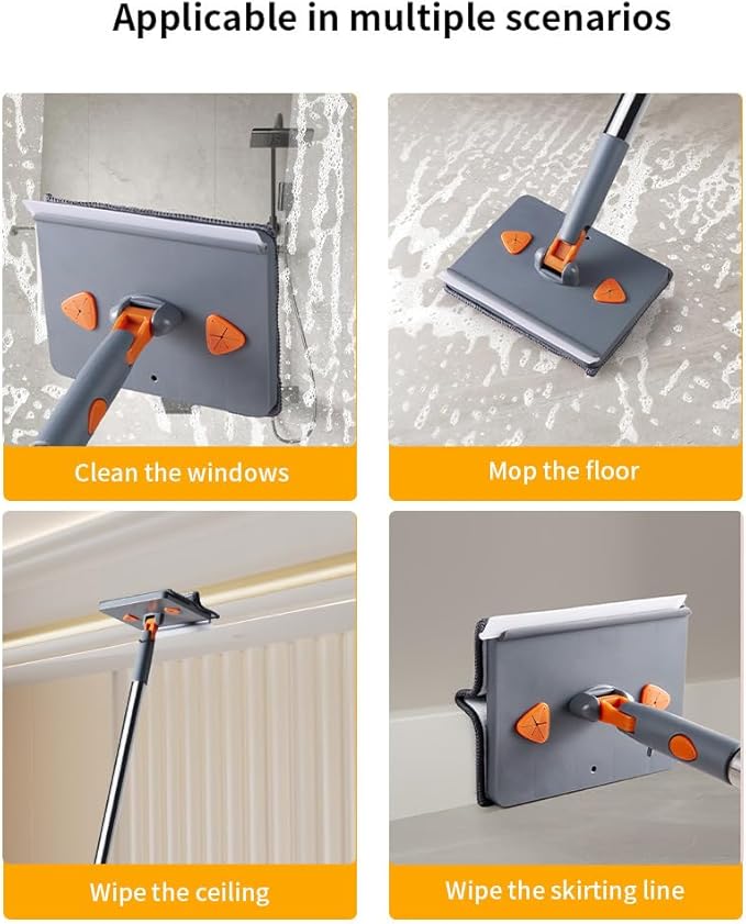 Wall Cleaner Mop with Long 81 HandleBaseboard Cleaner Tool with Handle180° Folding Ceiling Tool Duster with Squeegee360 Rotatable Wall Mop (Square + Triangle Set)