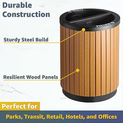 22 Gallon Round Outdoor Two-Stream Trash Can Recycling Bin - Commercial Dual Stainless Steel / Wood Compartment 11 Gallon Liners - Decorative Waste Container for Parks Retail Stores Transit Stations
