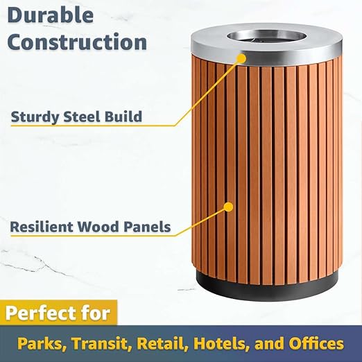 17 Gallon Round Outdoor Trash Can - Heavy Duty Steel &amp Wood Composite Commercial Decorative Garbage Bin with Open Lid Durable Park Retail &amp Transit Waste Container