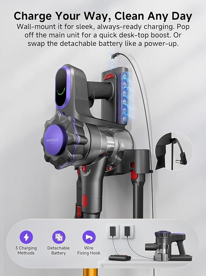 MONSGA Cordless Vacuum Cleaner 45KPa 400W Stick Vacuum for Home 50Mins Anti-Tangled Vacuum Cleaner with Charging Dock Light-weighted Handheld Vacuum for Pet Hair/Carpet/Floor LED Touch DisplayMV3