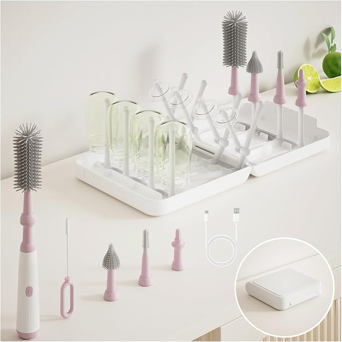 Powerful Electric Baby Bottle Brush Cleaner SetComplete with Silicone Bottle/Nipple/Gap/Straw BrushesPlus a Dispenser and Foldable Drying RackEffort Electric Cleaning BrushPortable Travel Set