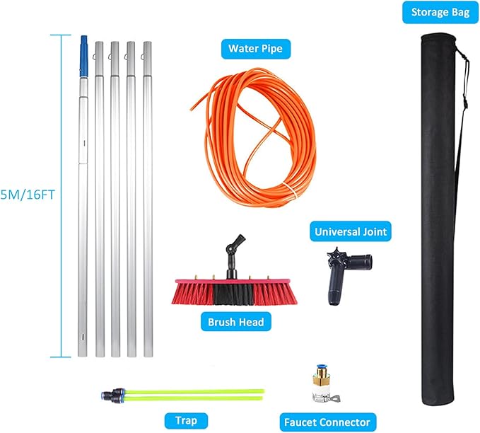 Solar Panel Cleaning Brush and Pole Kit with 5 12m Water Fed Pole 30/50cm Water Brush for Outdoor Window Cleaning Professional Water Fed Pole Window Cleaning Set