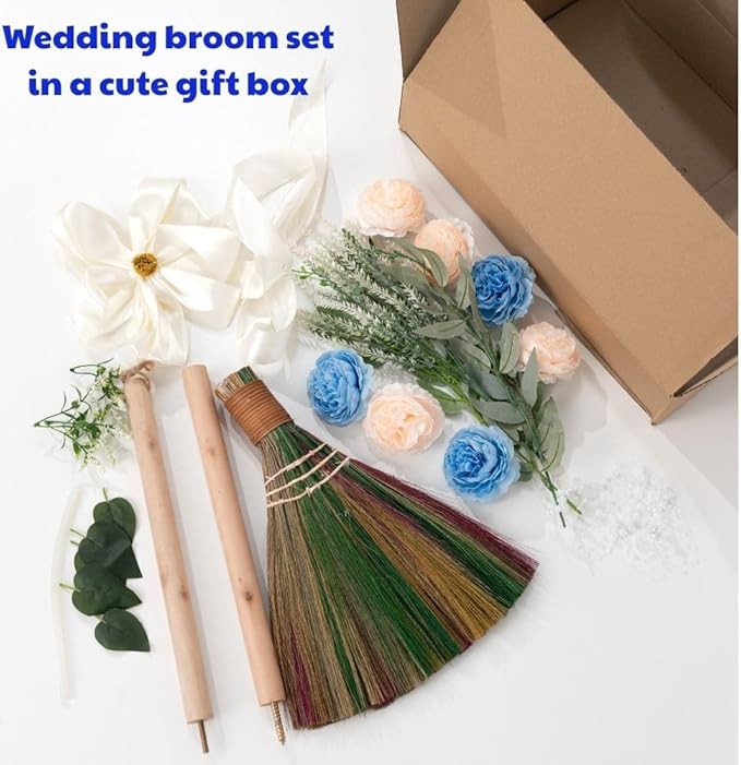 Elegant Wedding Brooms Bride Bridegroom Jumping The Broom for Wedding Natural Whisk Broom with Ribbons Artificial Pearl LeavesRoses for Decorative