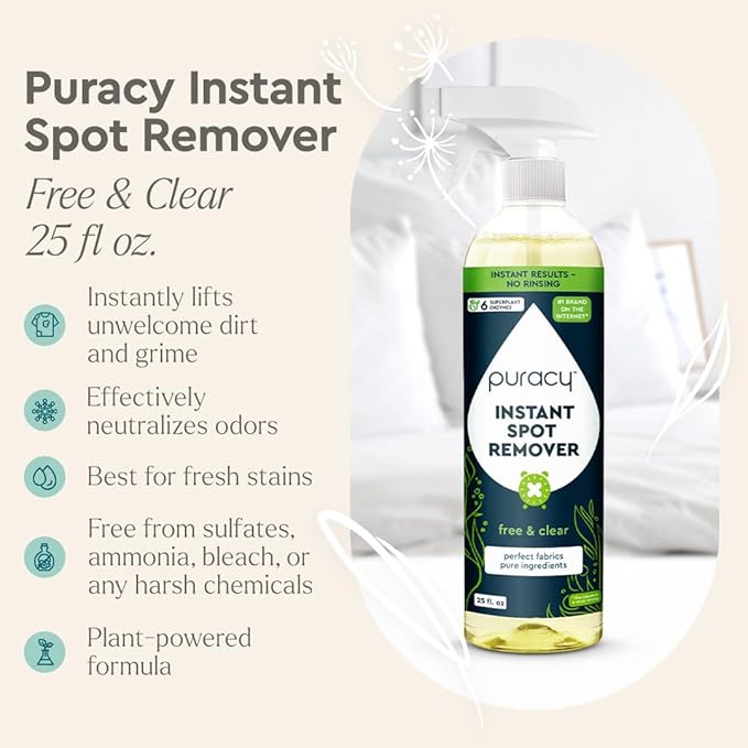 Puracy Laundry Stain Remover for Clothes Laundry - Carpet Stain Remover Carpet Spot Cleaner Couch Stain Remover - Clothes Spray Free &amp Clear - Instant Spot Remover 25 Fl Oz (Pack of 1)