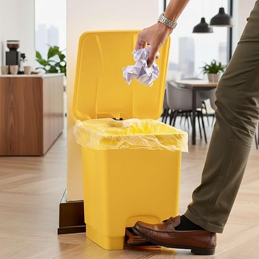 4 Gallon Step-On Trash Can with Lid Yellow Plastic Waste Bin Rectangular Pedal Trash Can for Bathroom Bedroom Office or Kitchen - Compact &amp Durable