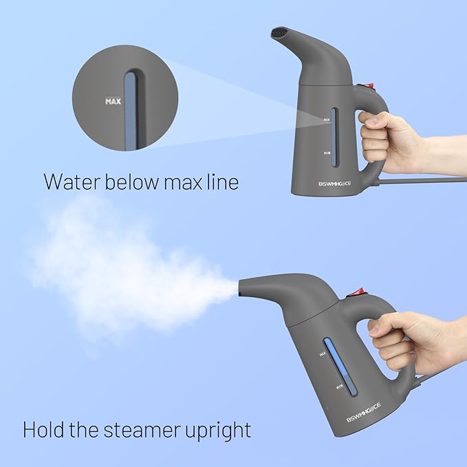 Steamer for Clothes Handheld Garment Steamer Portable Clothes Steamer Remove Wrinkle 180ml Water Tank 12 minutes Continuous Steam 2.3 meter Cord Ideal for ALL Fabrics One button Design (Gray)