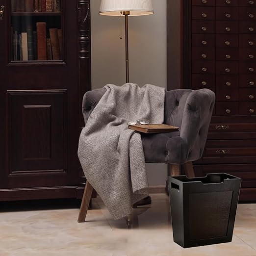 TOPZEA Bamboo Waste Basket Rectangular Slim Trash Can Wood Wastebasket with Handles Wooden Small Garbage Can Trash Bin for Bathroom Office Kitchen Craft Room Bedroom RV 10.5x 6x 11 Black