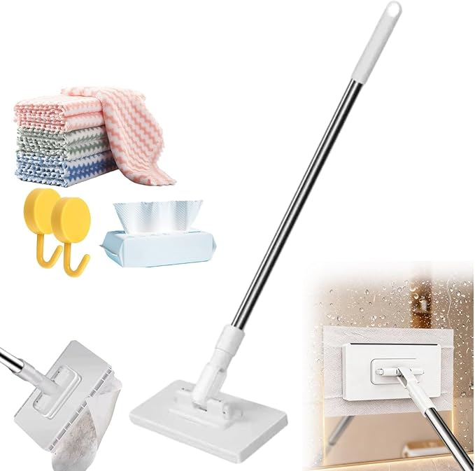 Snap Grip Minimop (40 in Locking Handle) Reusable Wash-Free Mini Mop Dry and Wet Use Clever Snap-Grip Mini Mop for Gaps &amp Multi-Surface Retractable and Adjustable(White 5 Cloths)