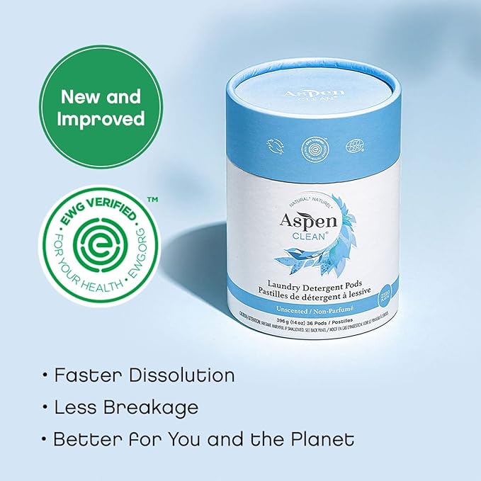 AspenClean | Laundry Pods | Unscented | Clean Detergent for Sensitive Skin | Zero Plastic | Non - Toxic | 100% Natural | EWG Verified - 36 Count
