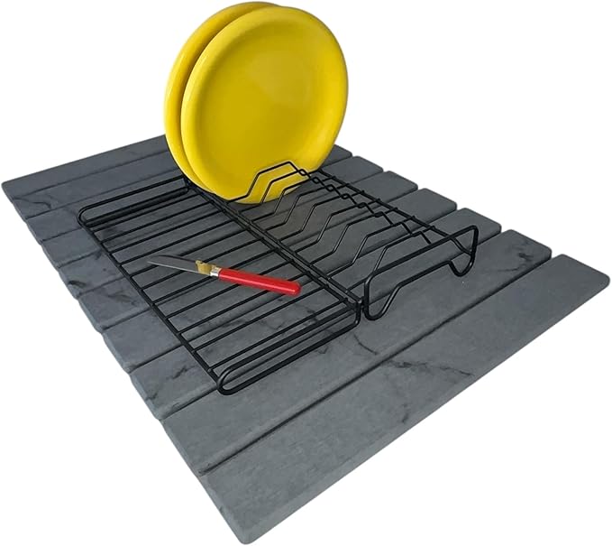 Stone Drying Mat + Foldable Black Metal Dish Rack – Complete 2-Tier Kitchen Drying System – Ultra Absorbent Dark Gray Mat for Plates Glasses &amp Cutlery – Modern &amp Hygienic Counter Organizer -