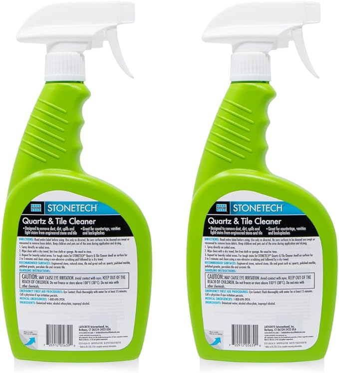 StoneTech Quartz &amp Tile Cleaner Spray – Quartz Countertop Cleaner for Engineered Stone Ceramic &amp Porcelain – Removes Dirt &amp Spills – 2-Pack 24oz Each + 2 Microfiber Cloths Fresh Scent