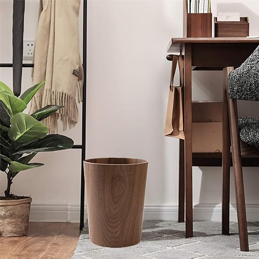 2.3 Gallons Wood Trash Can Wastebasket for Home or Office Japanese-style natural wood Round Wastebasket Lightweight Sturdy for Under Desk Kitchen Bedroom Den Hotel or Kids Room (Dark Wood-A)
