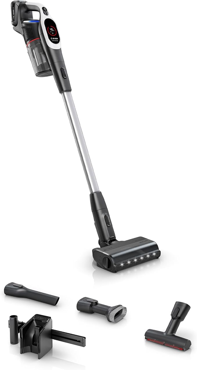 Bosch Unlimited 9 Cordless Stick Vacuum Cleaner - Up to 60 Min Battery Multi-Surface Vacuums Pet Hair Hard Floors and Carpets HEPA Filter MicroClean Brush 3 Accessories White