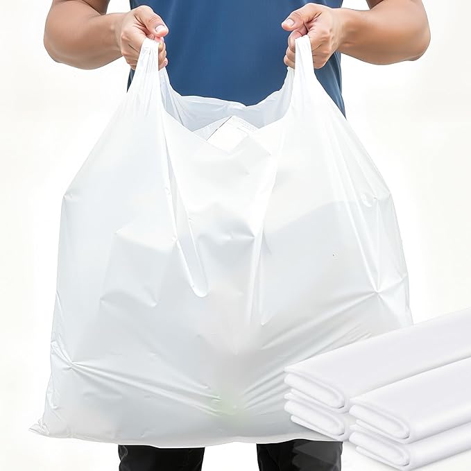 100 Pack 32 x 19 x 6 Extra Large White Plastic Shopping Bags(0.8 Mil Thick) Reusable Heavy Duty Large T-shirt Grocery Bags Bulk with Handles for Restaurant Retail Business