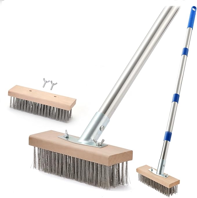 Stainless Steel Wire Scrub Brush with 63 Long Handle 2PCS 8 Brush Heads Heavy Duty Large Wire Brush Stiff Metal Bristle Floor Scrubber Patio Floor Cleaning Wire Broom for Concrete Deck Moss