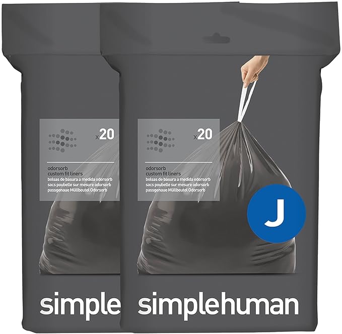 simplehuman Code J 40 Count Genuine Odorsorb Custom Fit Liners Drawstring Odor Absorbing Trash Bags in Dispenser Packs 30-45 Liter / 8-12 Gallon