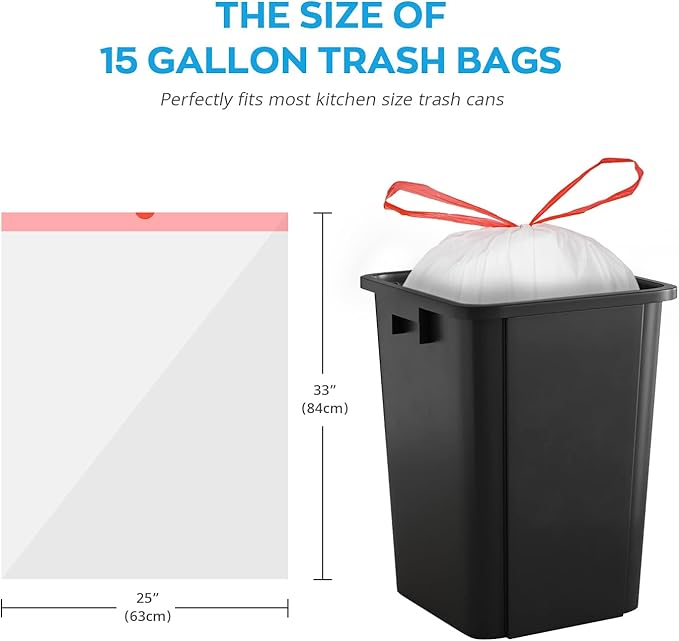Ultra Thick 15 Gallon Drawstring Trash Bags 108 Count Heavy Duty Large Plastic Garbage Bag Leak Proof Trash Can Liners for Tall Kitchen Home Office Lawn Outdoor White