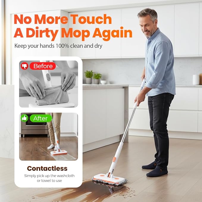 Convenient Cloth Changing Mini Mop No-Touch Dirty Cleaning Flat Dust Mop Rotating Automatic Cloth Changing Mop for House Wall Bathroom Toilet Corners Door Window (White-1pcs)