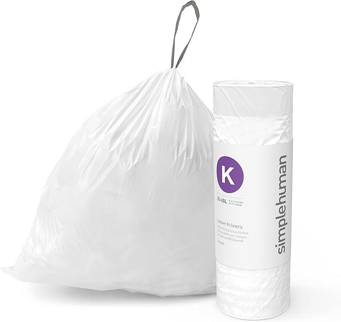 simplehuman Genuine Custom Fit Drawstring Trash Bags 35-45 Liter / 9-12 Gallon White Code K Liner 240 Count Roll Pack